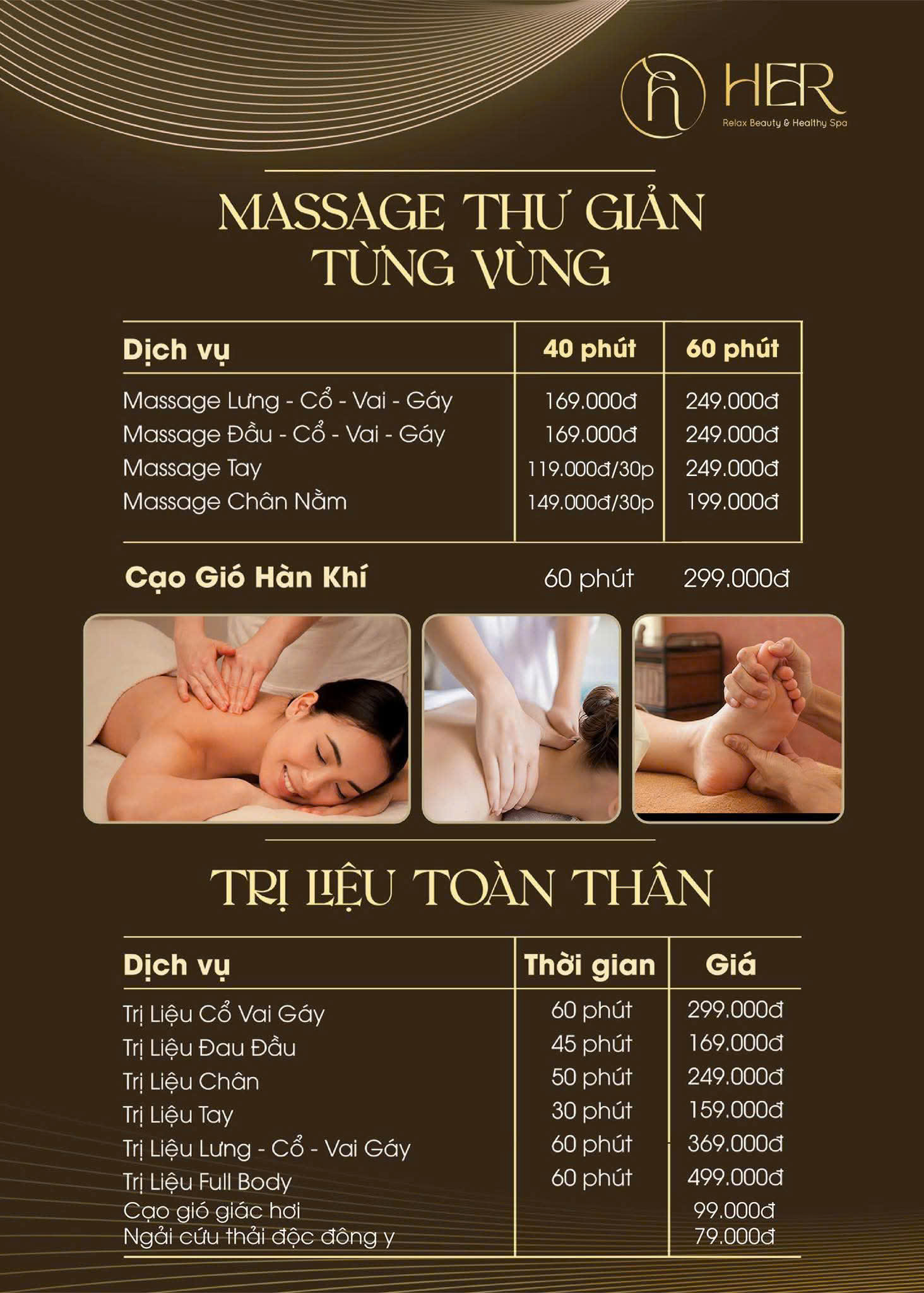 Bảng giá spa HerSpa Phan Thiết minh bạch.