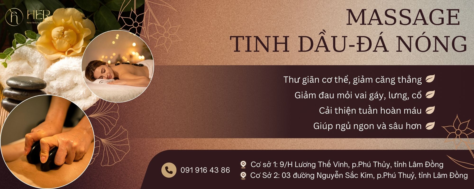 Massage đá nóng với tinh dầu thiên nhiên tại spa.